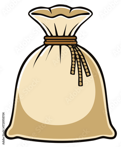 Isolated cartoon sack of money or goods tied with rope in vector illustration.