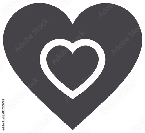 Elegant hearts illustration featuring dark gray heart shape with a white contour nested smaller heart concept