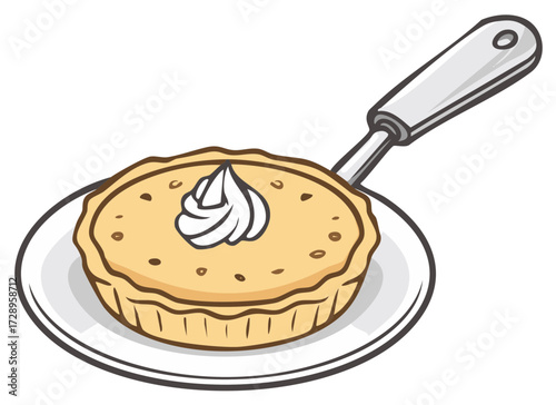 Cartoon style round pie with whipped cream served on a plate with utensil.