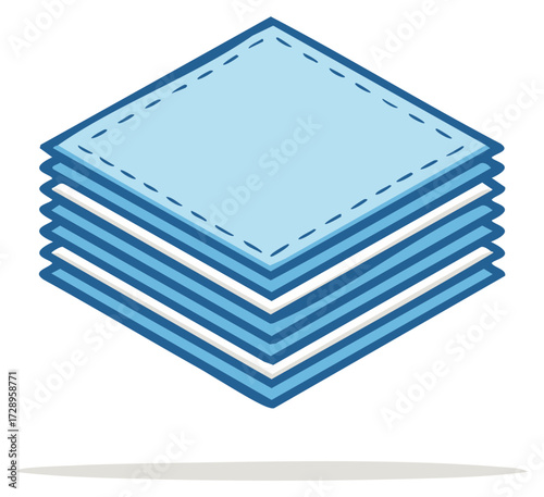 Stack of light blue square fabric layers with stitched edges in isometric view
