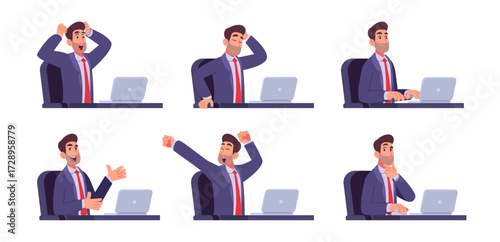 Businessman emotions set office desk workspace vector collection