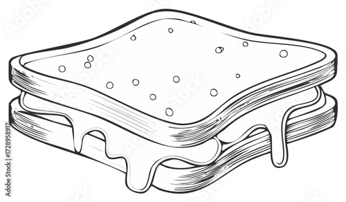 Delicious sandwich sketch with melting cheese, simple hand drawn vector illustration for menus or prints.