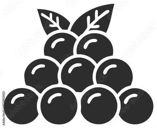 Simple illustrated image of a bunch of grapes with leaves in grayscale