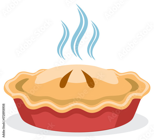 Hot Pie with golden crust and steam rising isolated closeup. Holiday dessert illustration