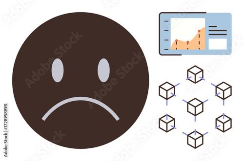Frowning face expressing dissatisfaction, graph showing data trends, interconnected cubes symbolizing systems. Ideal for technology, frustration, performance, inefficiency, blockchain, data