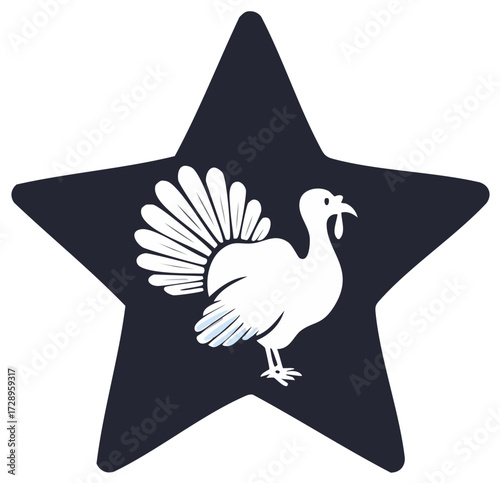 Stylized silhouette illustration: White turkey icon set against dark star, celebrating autumn traditions