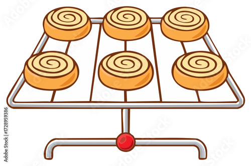 Six golden brown cinnamon rolls with swirled frosting cooling on a wire rack