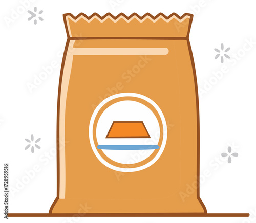 Cartoon illustration of a food bag for animal feeding with decorative elements