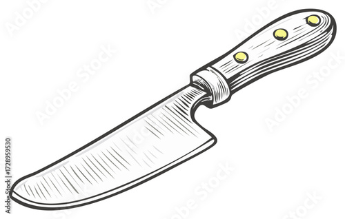 Sketch style chef knife with wood handle and metal rivets