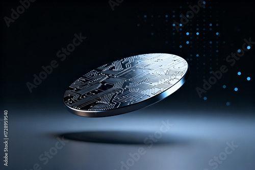 Floating circuit board disc with digital pattern against dark background