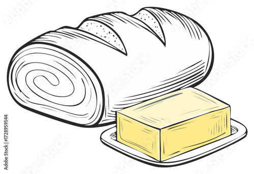 Artistic line drawing of a rustic bread loaf and stick of butter on a dish breakfast ingredient illustration