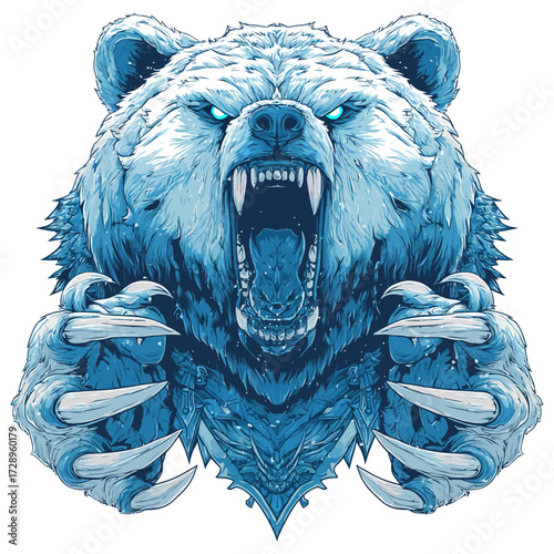 Angry bear portrait with bared teeth and claws, rendered in cool blues