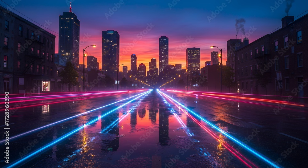 Fototapeta premium Neon City Speed: Cyberpunk Light Trails Reflecting on Wet Asphalt at Sunset