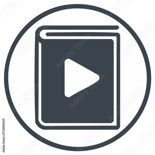 Icon of a video player button superimposed on an open book symbol within a circle