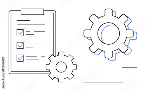 Clipboard with checklist and gears illustrating tasks, processes, and efficiency. Ideal for productivity, management, organization, automation, systems teamwork workflow. Simple flat metaphor