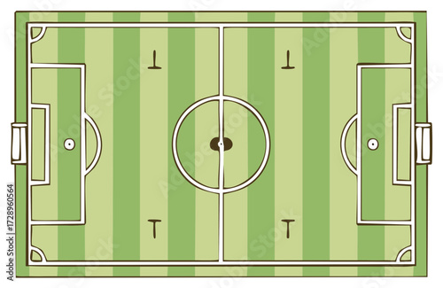 Cartoon illustration of a soccer field. Top view of a soccer pitch