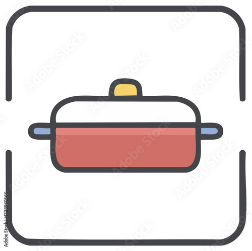 Colorful Flat Design Cooking Pot Icon with Bold Outlines and Yellow Handle Kitchenware Graphic Element