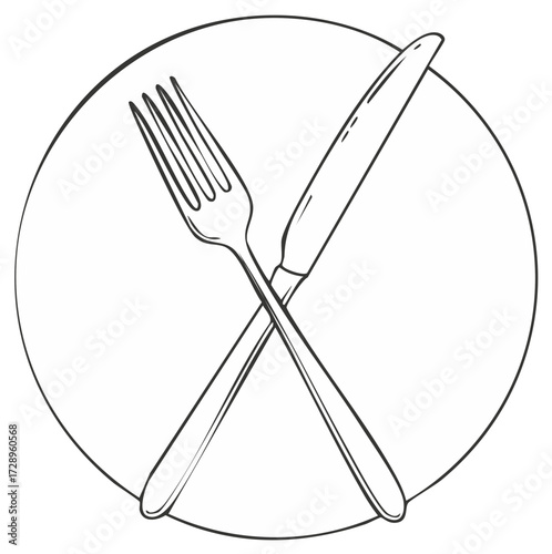 Crossed fork and knife in a circular icon design for restaurant or dining menu