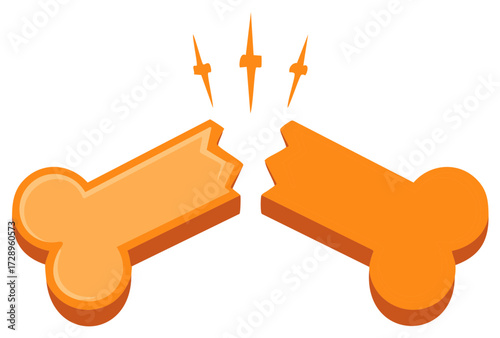 Isometric vector illustration of a snapped orange bone representing a painful fracture or injury