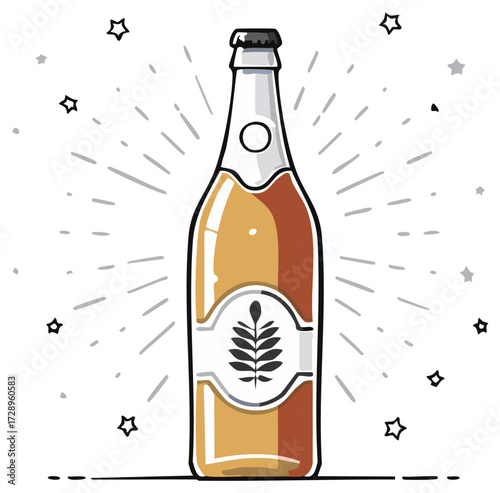 Refreshing amber liquid in a glass bottle with botanical label surrounded by whimsical stars and rays