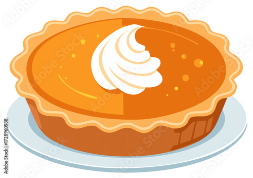 Classic pumpkin pie with whipped cream on a plate, festive autumn dessert illustration