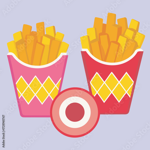 Two servings of french fries with dipping sauce on a light purple background