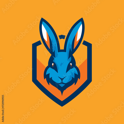 Blue rabbit head logo on orange shield background
