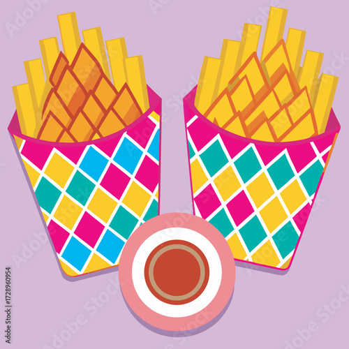 Two servings of french fries with ketchup on a light purple background