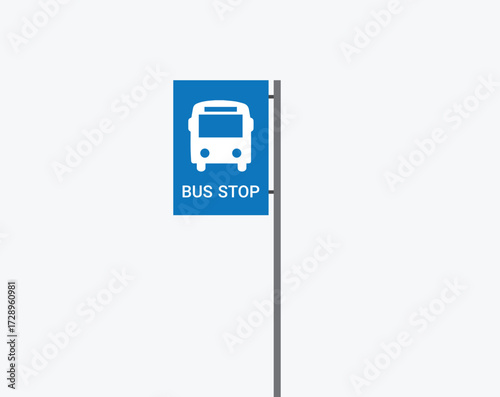 Vector illustration of a bus stop sign board with a bus icon and text, commonly used in public transport systems for passenger guidance, city navigation, and transit information graphics