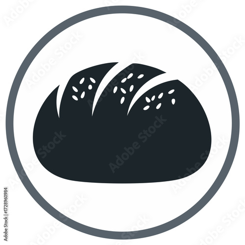 Minimalist vector icon of a rustic bread loaf with seeds and score marks enclosed in a circular frame