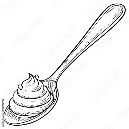 Engraved Spoon Filled with Whipped Cream or Delicious Frosting Hand Drawn Illustration