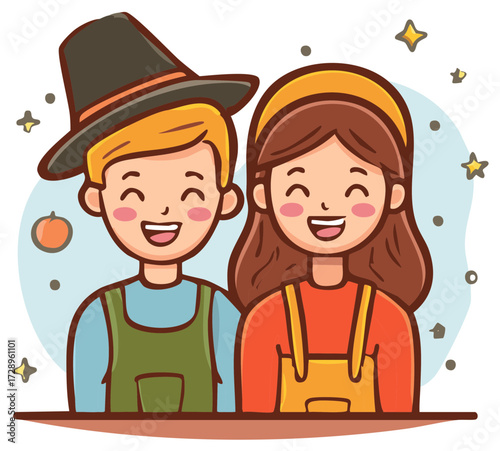 Cartoon Thanksgiving couple vector illustration boy wearing a pilgrim hat and girl.