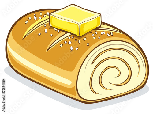 Cartoon vector of a golden bread loaf with a pat of butter on top fresh baked food