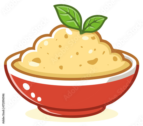 Cartoon bowl of mashed potatoes garnished with basil leaves clip art illustration