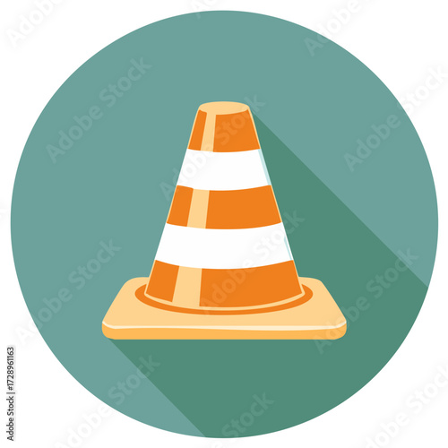 Orange traffic cone on round teal sign, road hazard marker, caution safety symbol