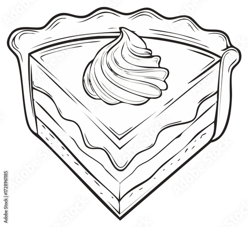 Slice of pie with whipped cream topping in simple outline drawing style