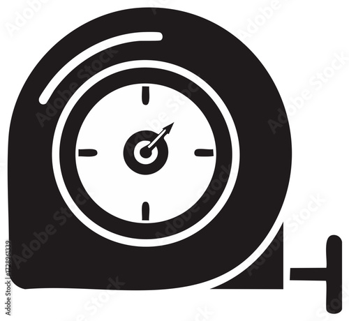 Tape measure showing the time on a clock face, black and white illustration