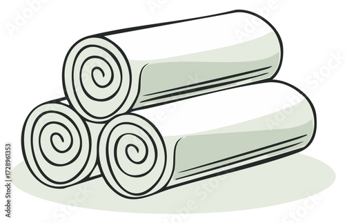 Three freshly rolled white bath towels stacked in a clean, simple vector illustration design.
