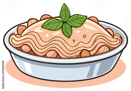 Stylized illustration of a pasta dish with creamy sauce and basil garnish in a white bowl