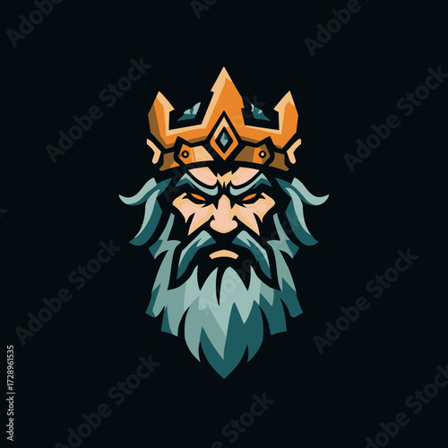 Crowned king with stern visage and teal beard on black background