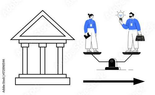 Scales with two businesspeople discussing ideas near a classical building. Ideal for balance, equality, innovation, tradition, decision-making, teamwork, progress in simple flat metaphor