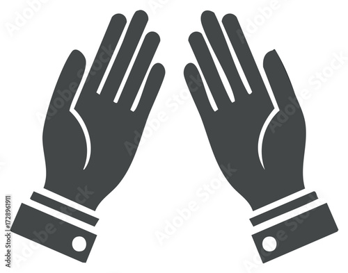 Two dark grey hands reaching upwards with open palms and fingers spread, wearing cuffs and shirt sleeves.