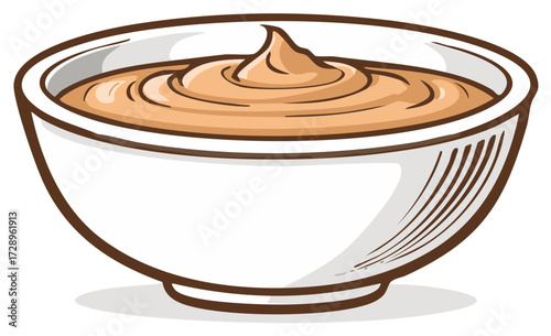 Cartoon bowl with thick beige sauce swirled on top with a peak