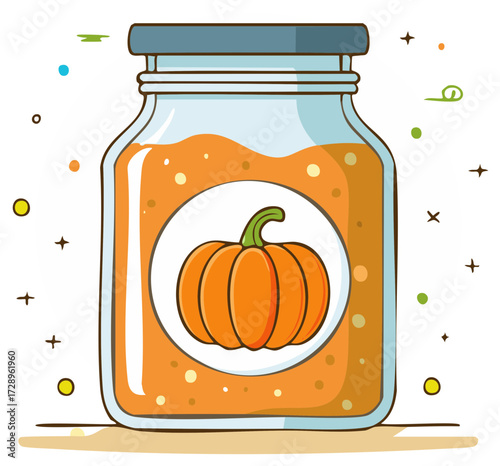 Whimsical illustration of pumpkin jam or puree in a glass jar with a decorative pumpkin label design