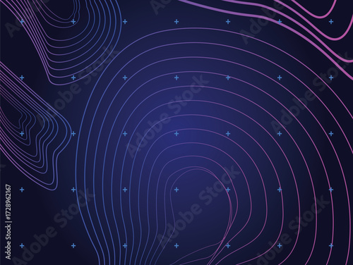 Conceptual futuristic data visualization featuring flowing purple and blue contour lines that form an abstract digital terrain on a dark background