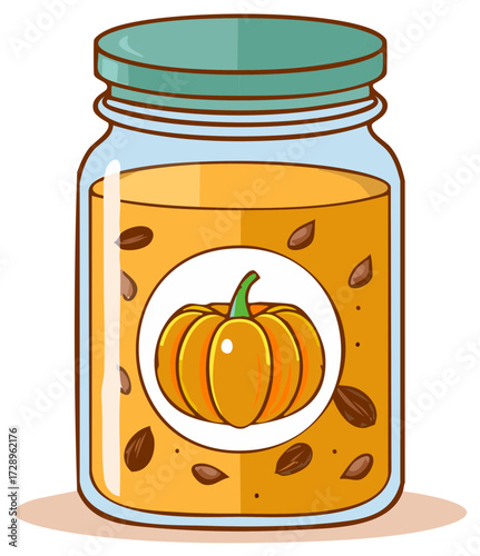 Jar of Pumpkin Puree with Seeds and Autumn Harvest Label