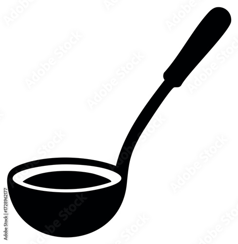 Black silhouette icon of a kitchen serving ladle with liquid, perfect for cooking food.