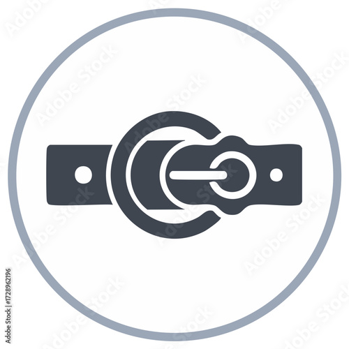 Minimalist belt and buckle icon within a circular frame representing fashion accessories and apparel