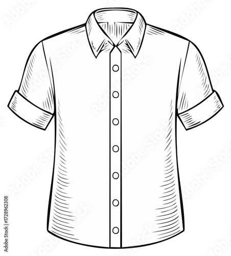 Line art illustration of a short-sleeved button-up shirt with rolled cuffs and collar