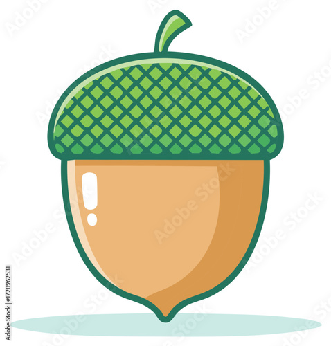 Stylized cartoon acorn with green textured cap and tan body on white background